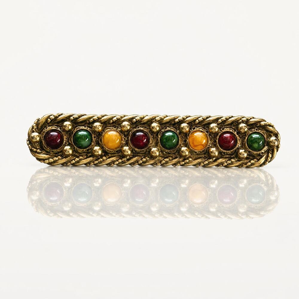 Vintage Ornate Gold Tone Bar Brooch | Multi-Color Faux Gemstone Rope Twist Pin